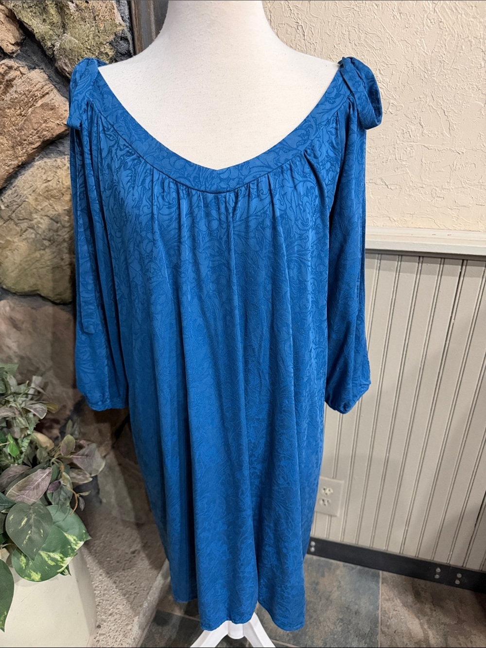 HOLDING HORSES Patterned Blue Midi Dress with Gathered Yoke